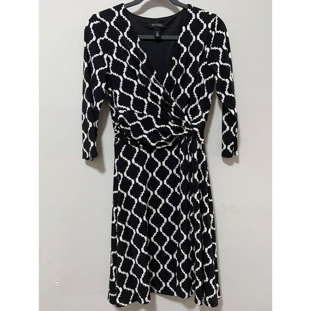White House Black Market Womens 4 Black V Neck Dress Dressy 3/4 Sleeve Elegant